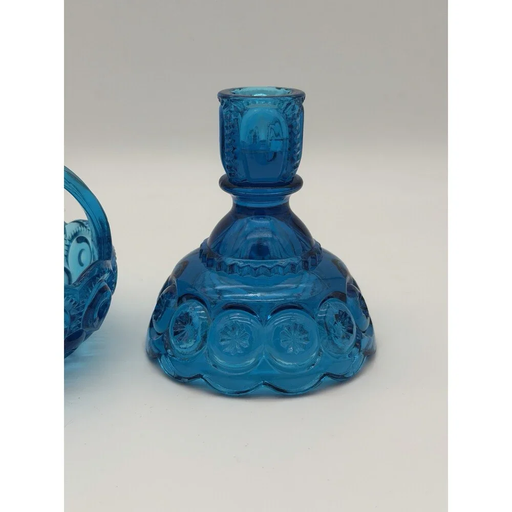 MCM LE Smith Moon & Stars Art glass basket & Candleholder colonial blue Set